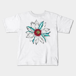 White Teal Yellow Red Daisy Flower Kids T-Shirt